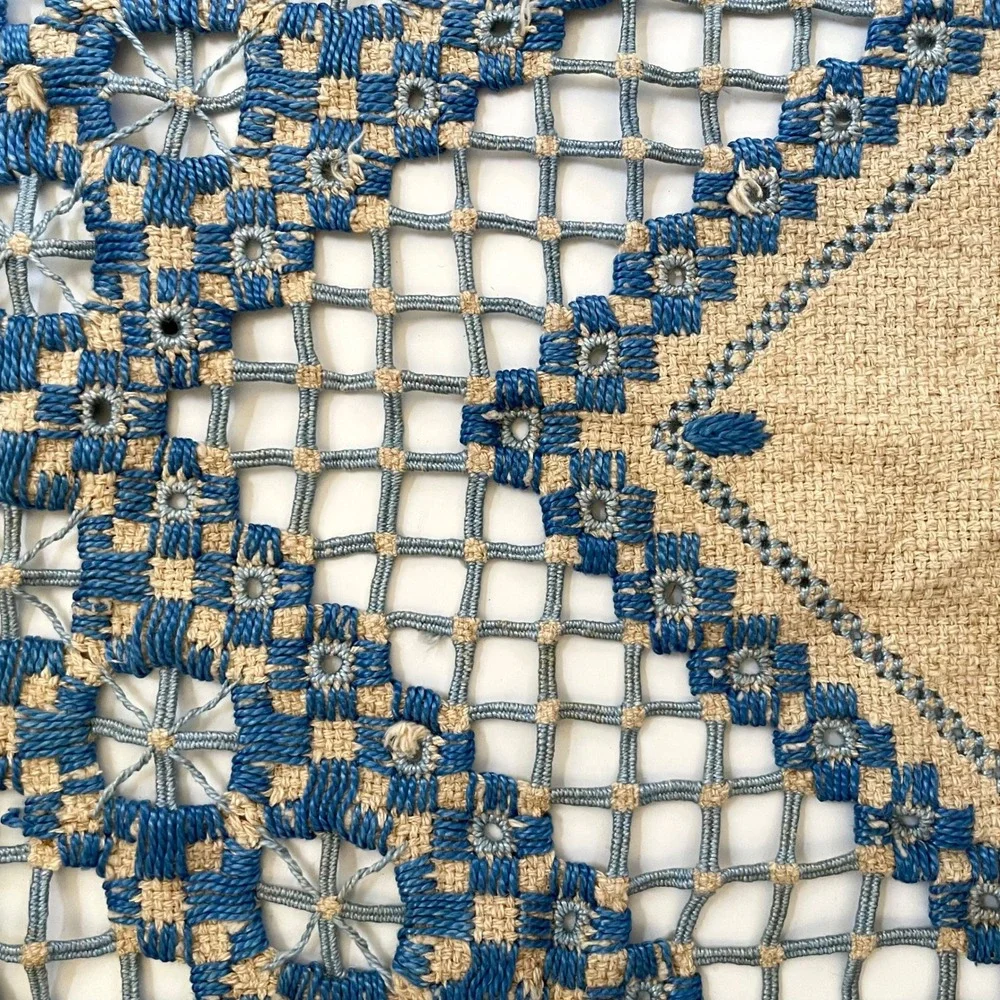 Antique Hand Embroidered Hardanger Lace Table Topper Doily Vintage Blue Natural